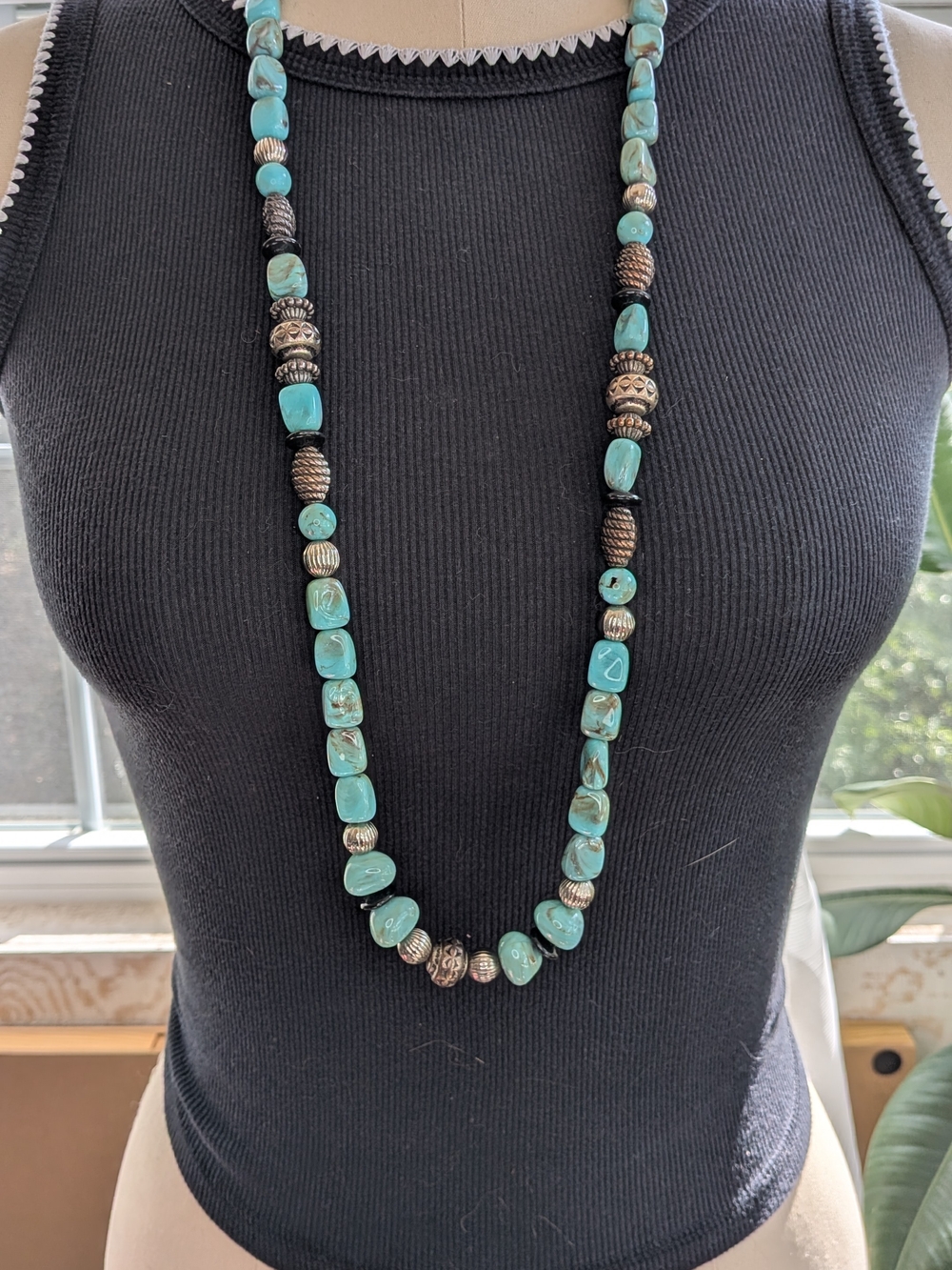 1928 Brand Vintage Long Faux Turquoise Marble Bead Antique Silver Necklace